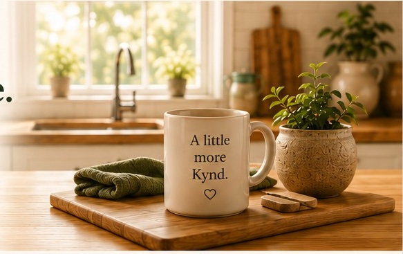 A little more Kynd coffee mug in a warm kitchen